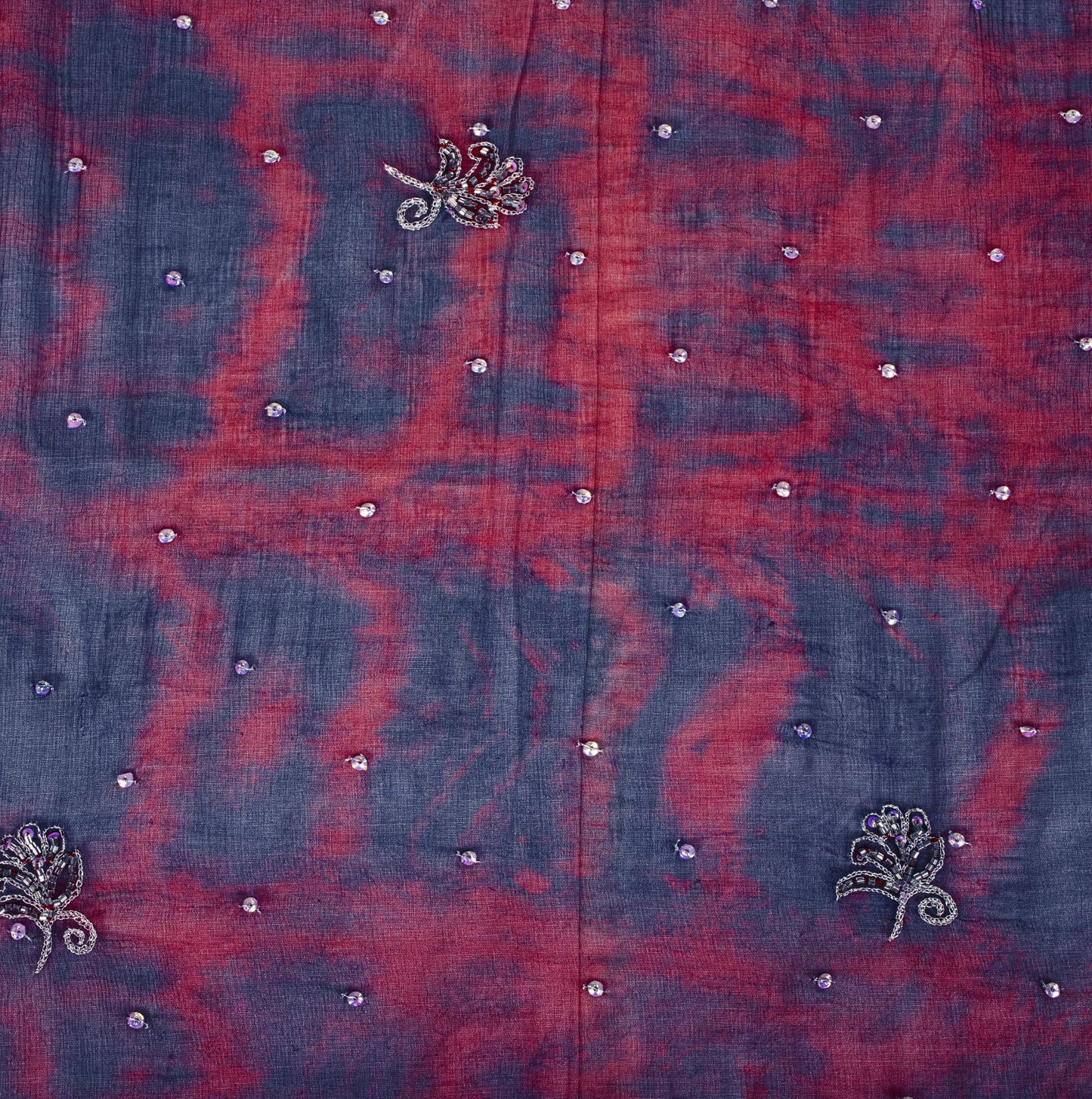 Sanskriti Vintage Dupatta Stole Blue-Red Pure Chiffon Tie-Dye & Hand Embroidered