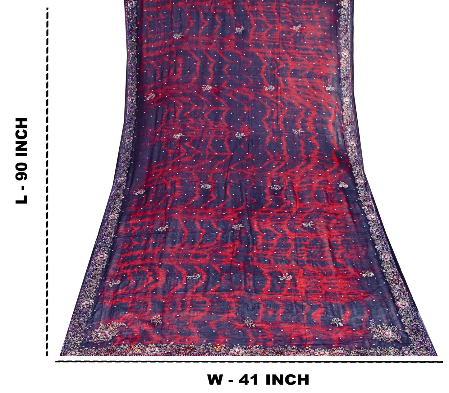 Sanskriti Vintage Dupatta Stole Blue-Red Pure Chiffon Tie-Dye & Hand Embroidered