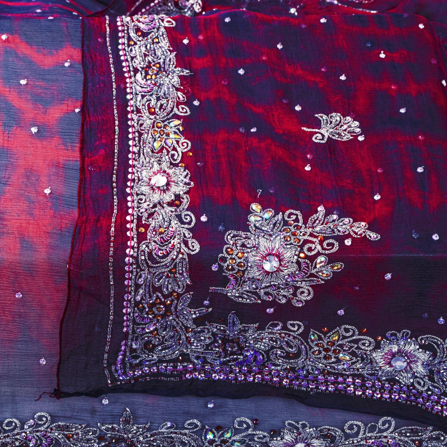 Sanskriti Vintage Dupatta Stole Blue-Red Pure Chiffon Tie-Dye & Hand Embroidered