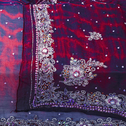 Sanskriti Vintage Dupatta Stole Blue-Red Pure Chiffon Tie-Dye & Hand Embroidered