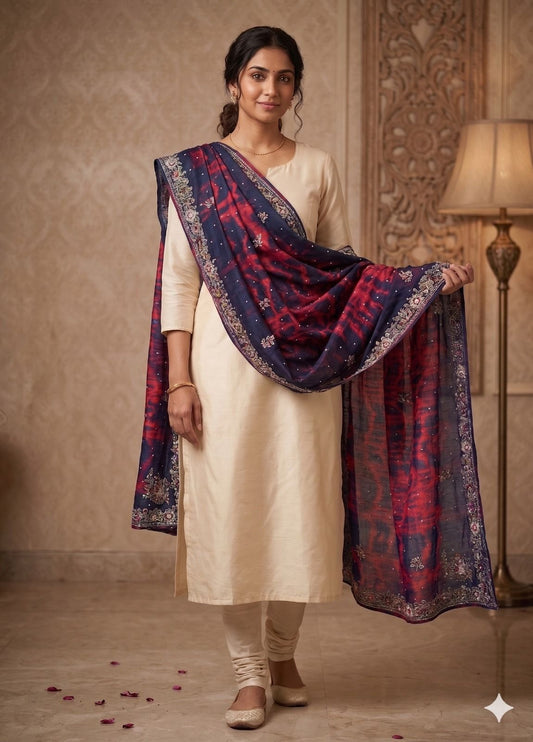 Sanskriti Vintage Dupatta Stole Blue-Red Pure Chiffon Tie-Dye & Hand Embroidered