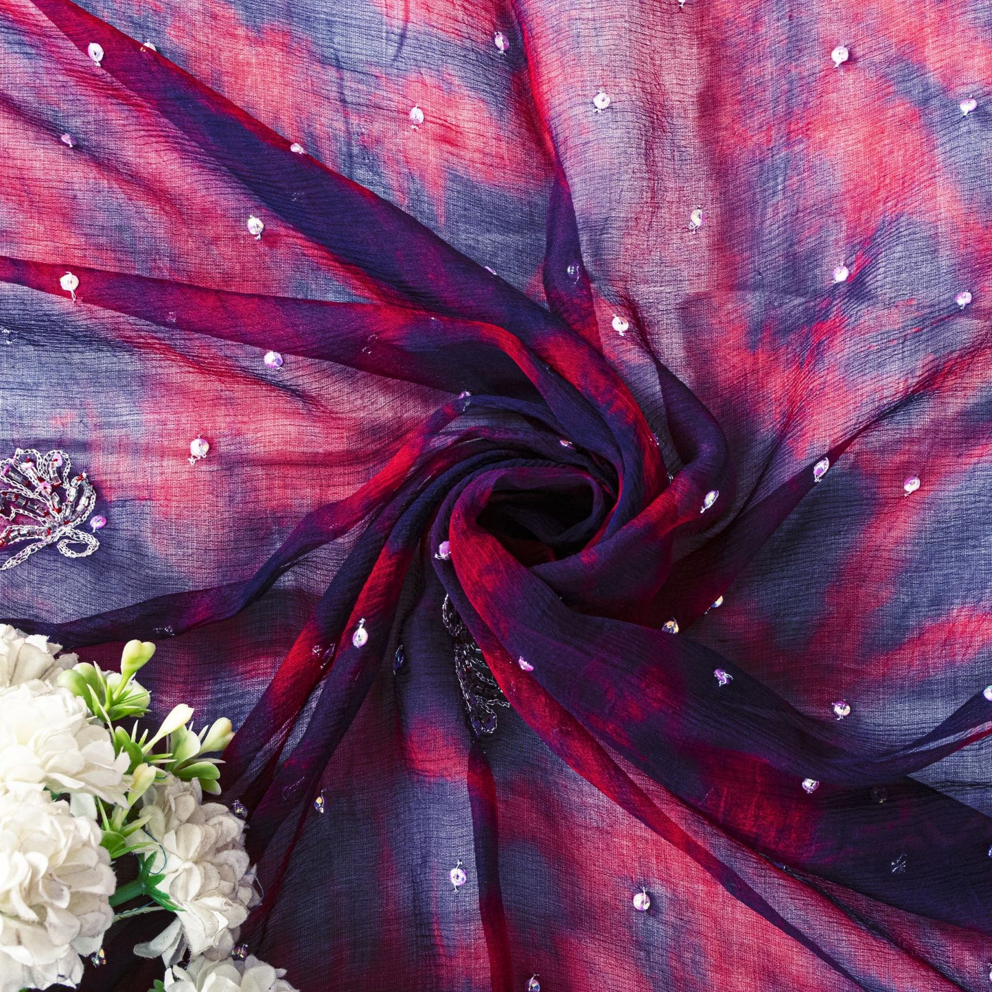 Sanskriti Vintage Dupatta Stole Blue-Red Pure Chiffon Tie-Dye & Hand Embroidered