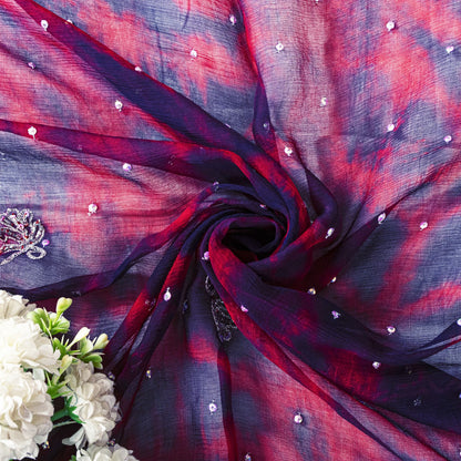 Sanskriti Vintage Dupatta Stole Blue-Red Pure Chiffon Tie-Dye & Hand Embroidered