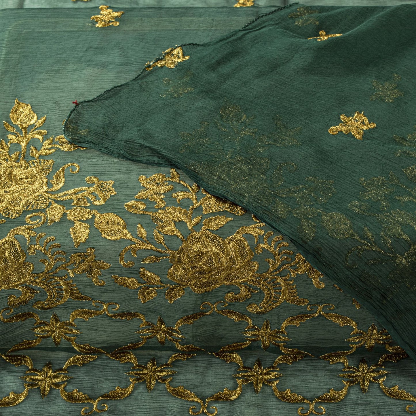 Sanskriti Vintage Dark Green Chiffon Dupatta Sheer 90x49 Inch Gold Work
