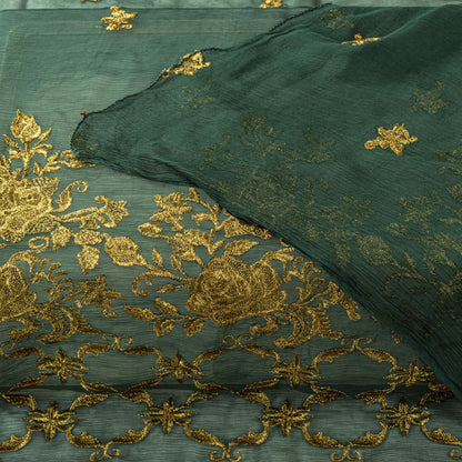 Sanskriti Vintage Dark Green Chiffon Dupatta Sheer 90x49 Inch Gold Work