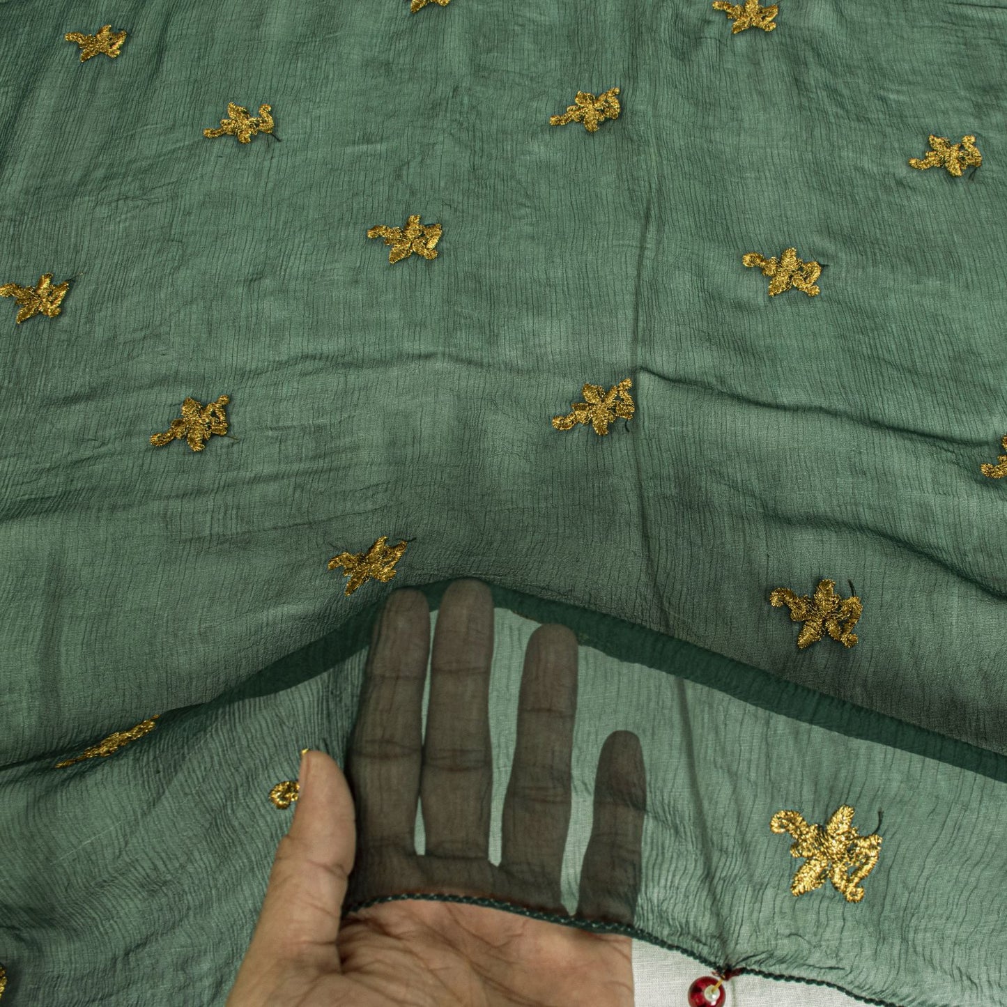Sanskriti Vintage Dark Green Chiffon Dupatta Sheer 90x49 Inch Gold Work