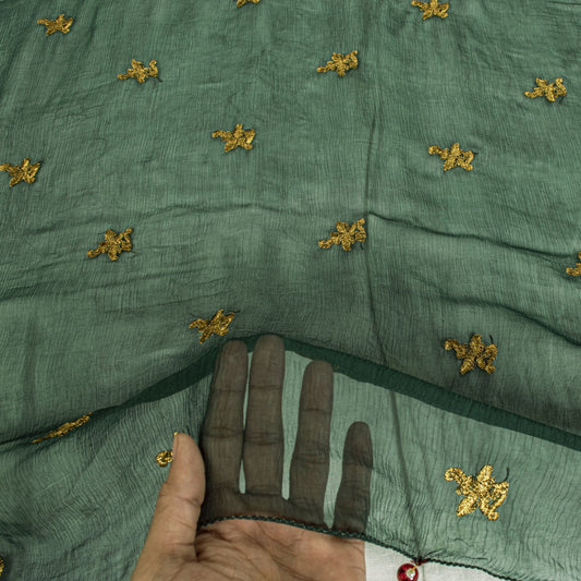 Sanskriti Vintage Dark Green Chiffon Dupatta Sheer 90x49 Inch Gold Work