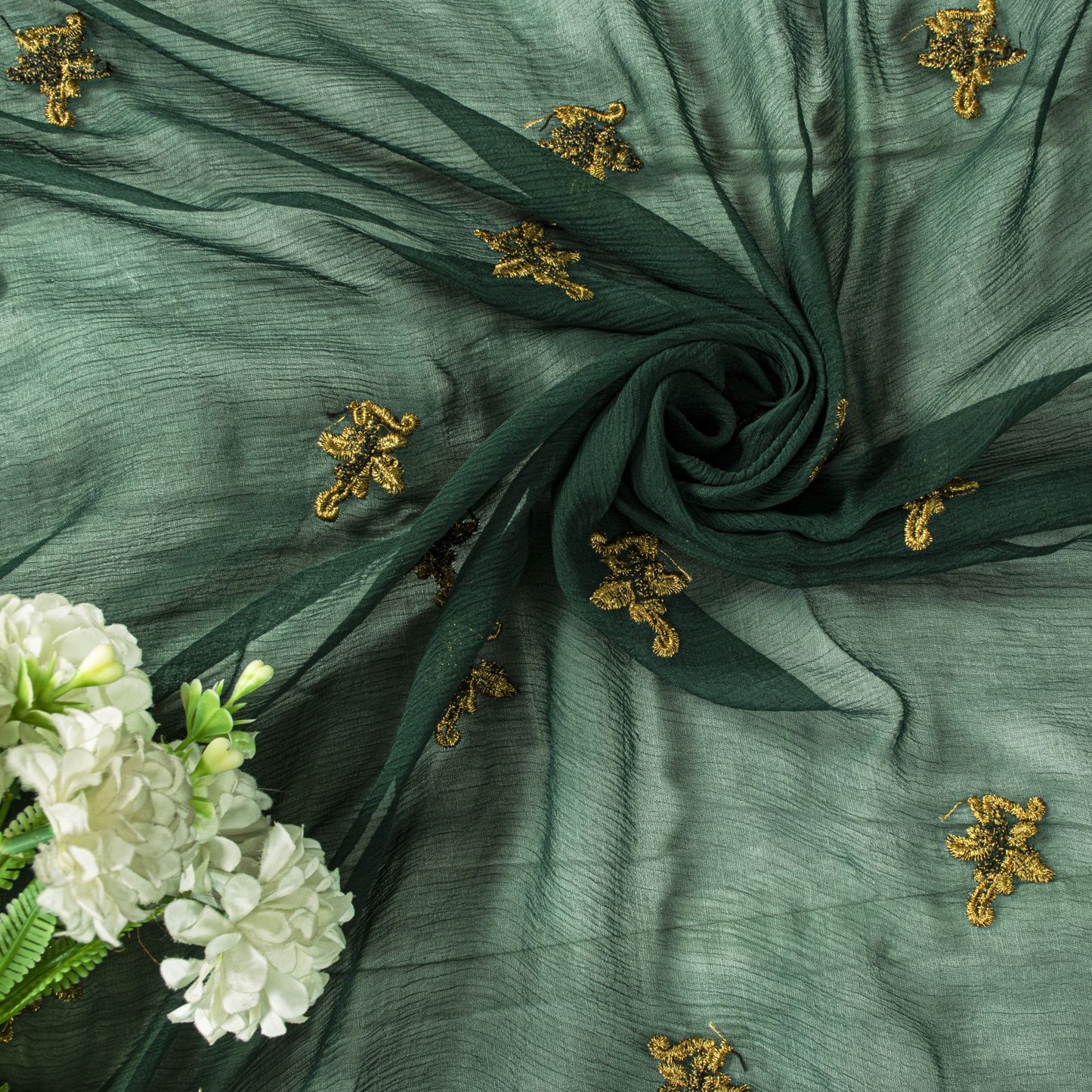 Sanskriti Vintage Dark Green Chiffon Dupatta Sheer 90x49 Inch Gold Work