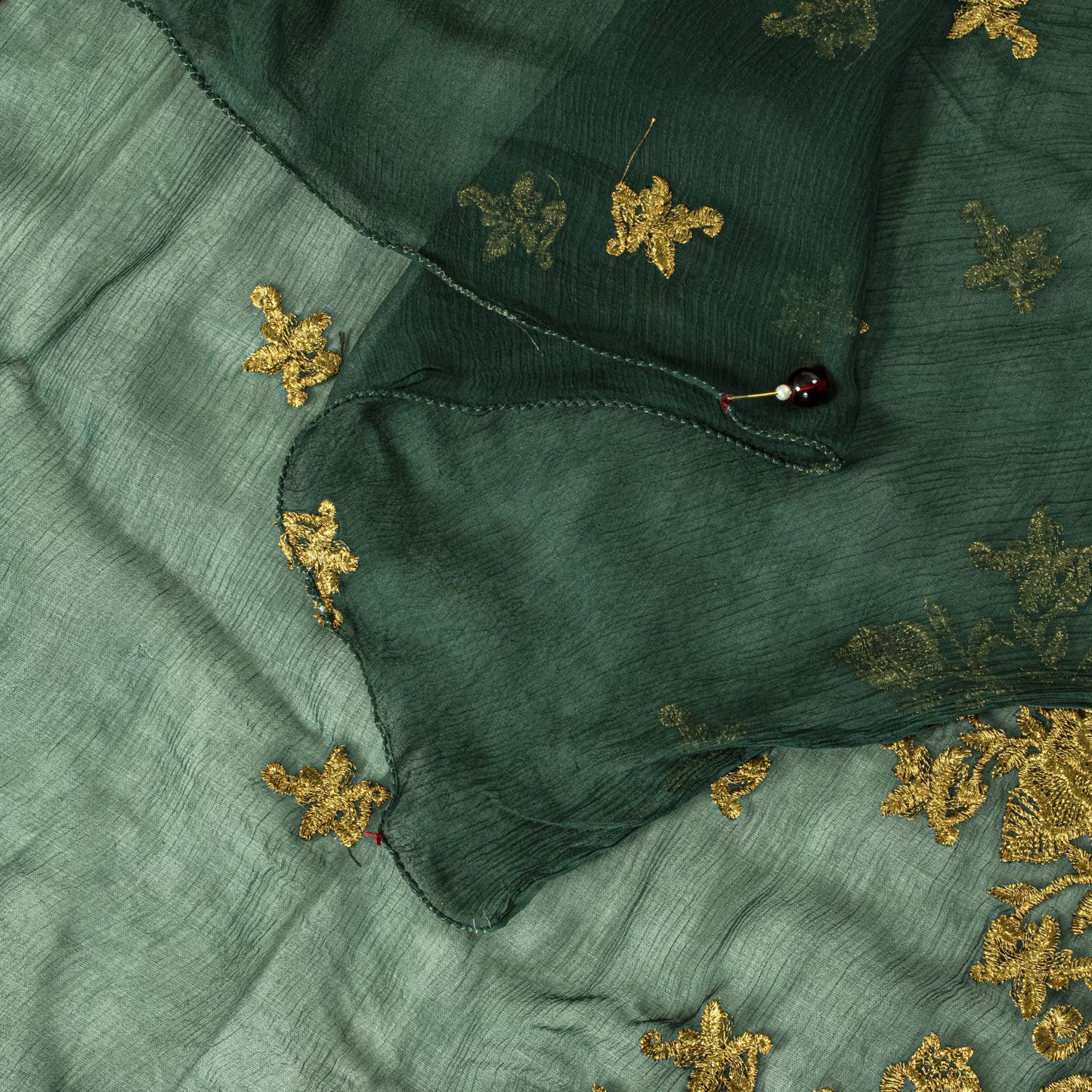 Sanskriti Vintage Dark Green Chiffon Dupatta Sheer 90x49 Inch Gold Work
