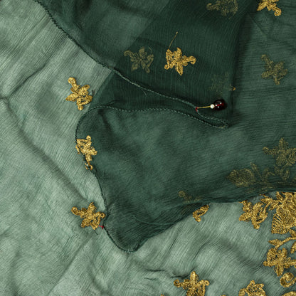 Sanskriti Vintage Dark Green Chiffon Dupatta Sheer 90x49 Inch Gold Work