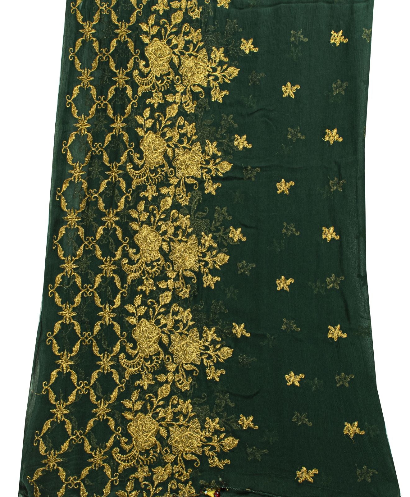 Sanskriti Vintage Dark Green Chiffon Dupatta Sheer 90x49 Inch Gold Work