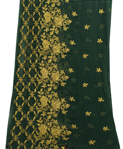 Sanskriti Vintage Dark Green Chiffon Dupatta Sheer 90x49 Inch Gold Work