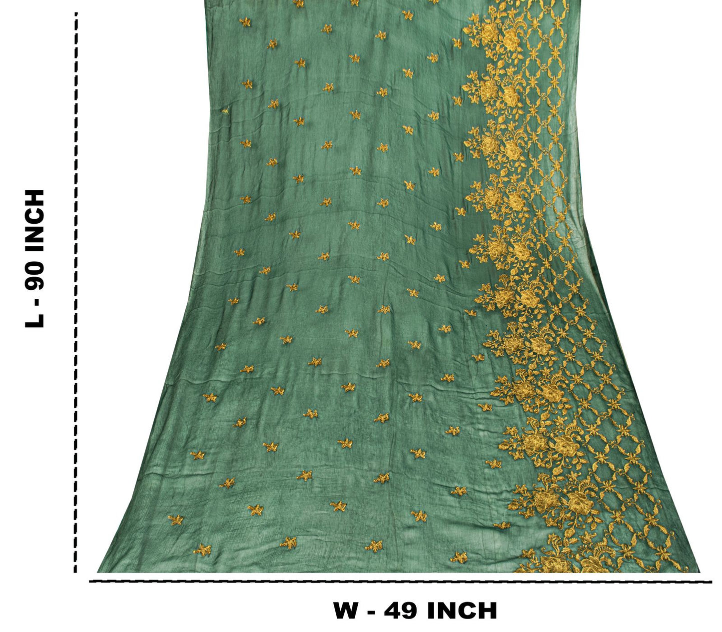 Sanskriti Vintage Dark Green Chiffon Dupatta Sheer 90x49 Inch Gold Work