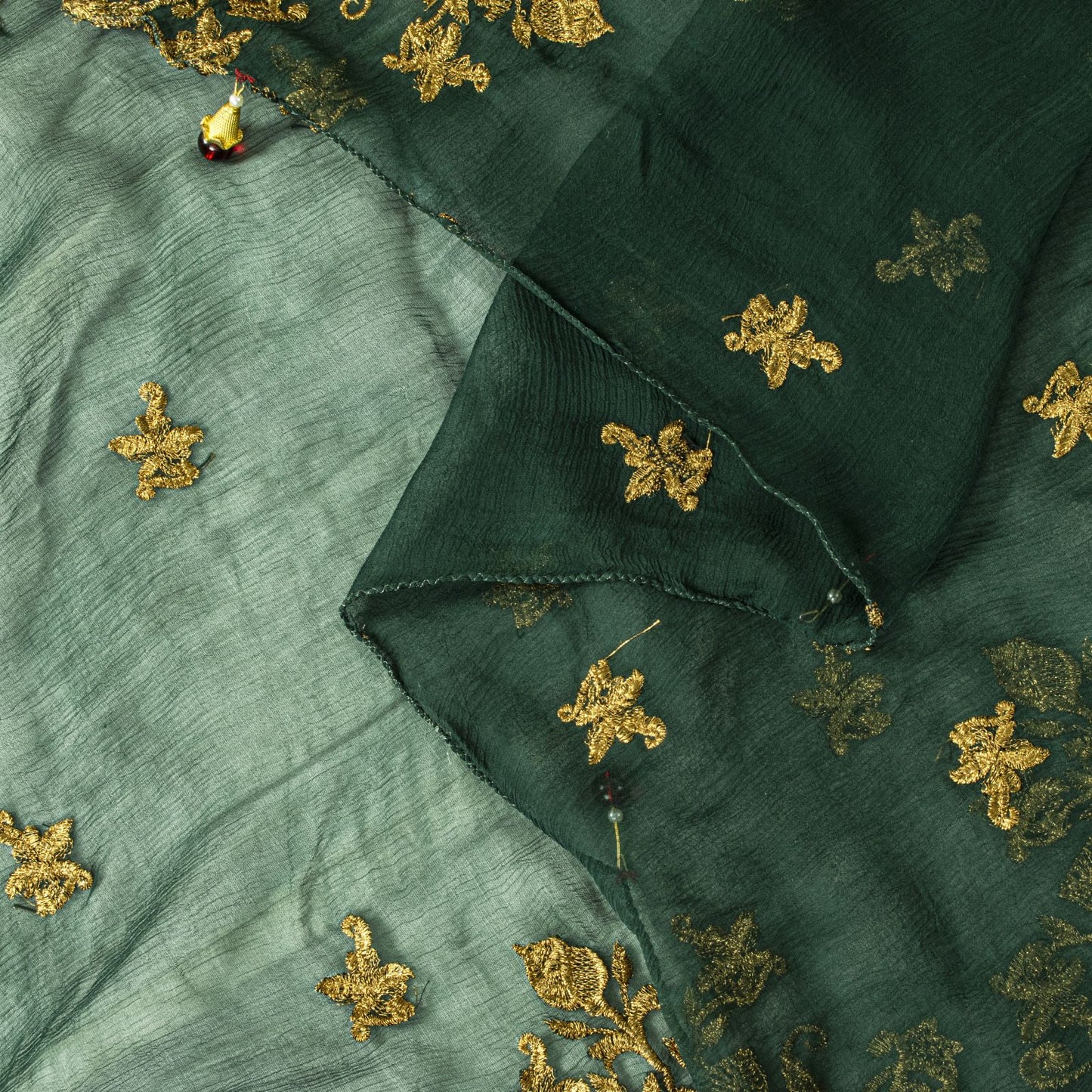 Sanskriti Vintage Dark Green Chiffon Dupatta Sheer 90x49 Inch Gold Work