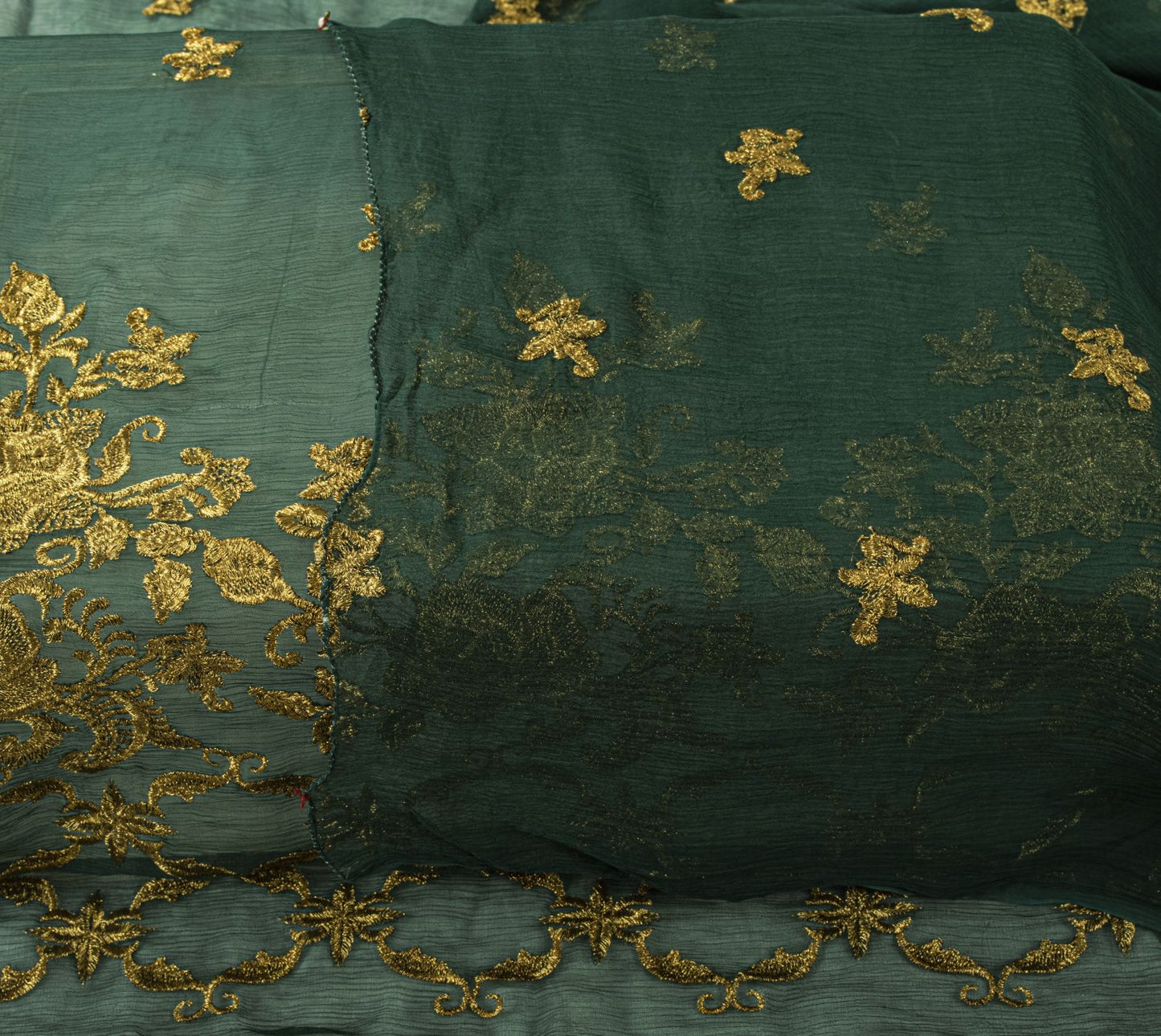 Sanskriti Vintage Dark Green Chiffon Dupatta Sheer 90x49 Inch Gold Work