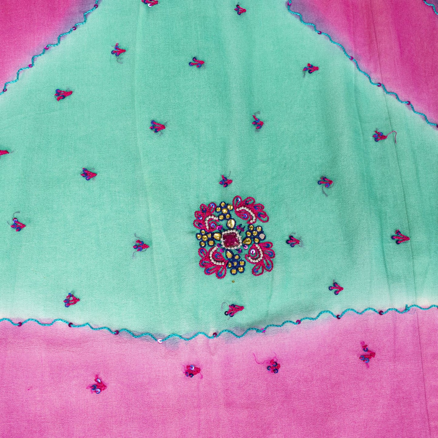 Sanskriti Vintage Dupatta Stole Green-Pink Pure Georgette Hand Embroidered Veil