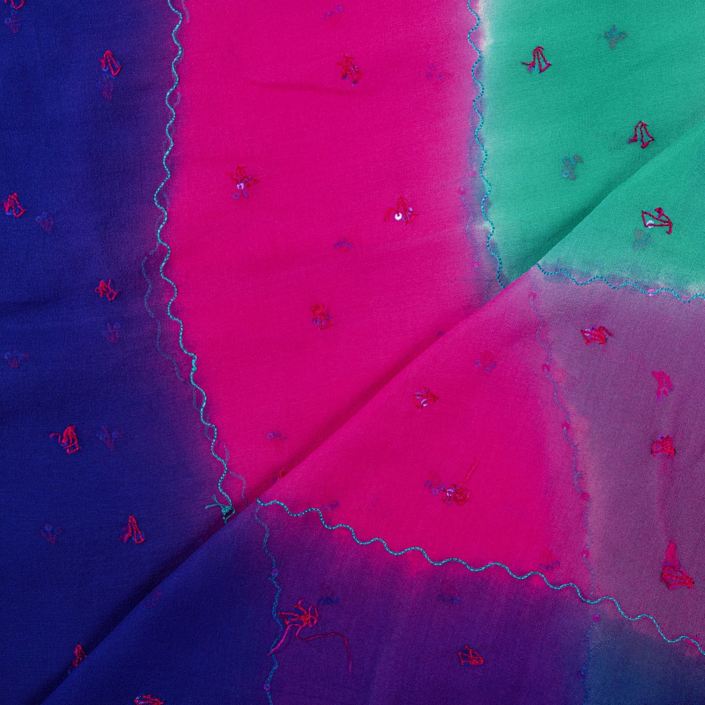 Sanskriti Vintage Dupatta Stole Green-Pink Pure Georgette Hand Embroidered Veil