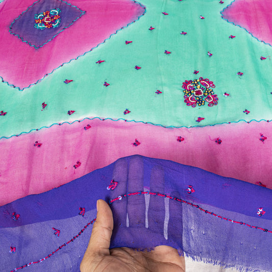 Sanskriti Vintage Dupatta Stole Green-Pink Pure Georgette Hand Embroidered Veil