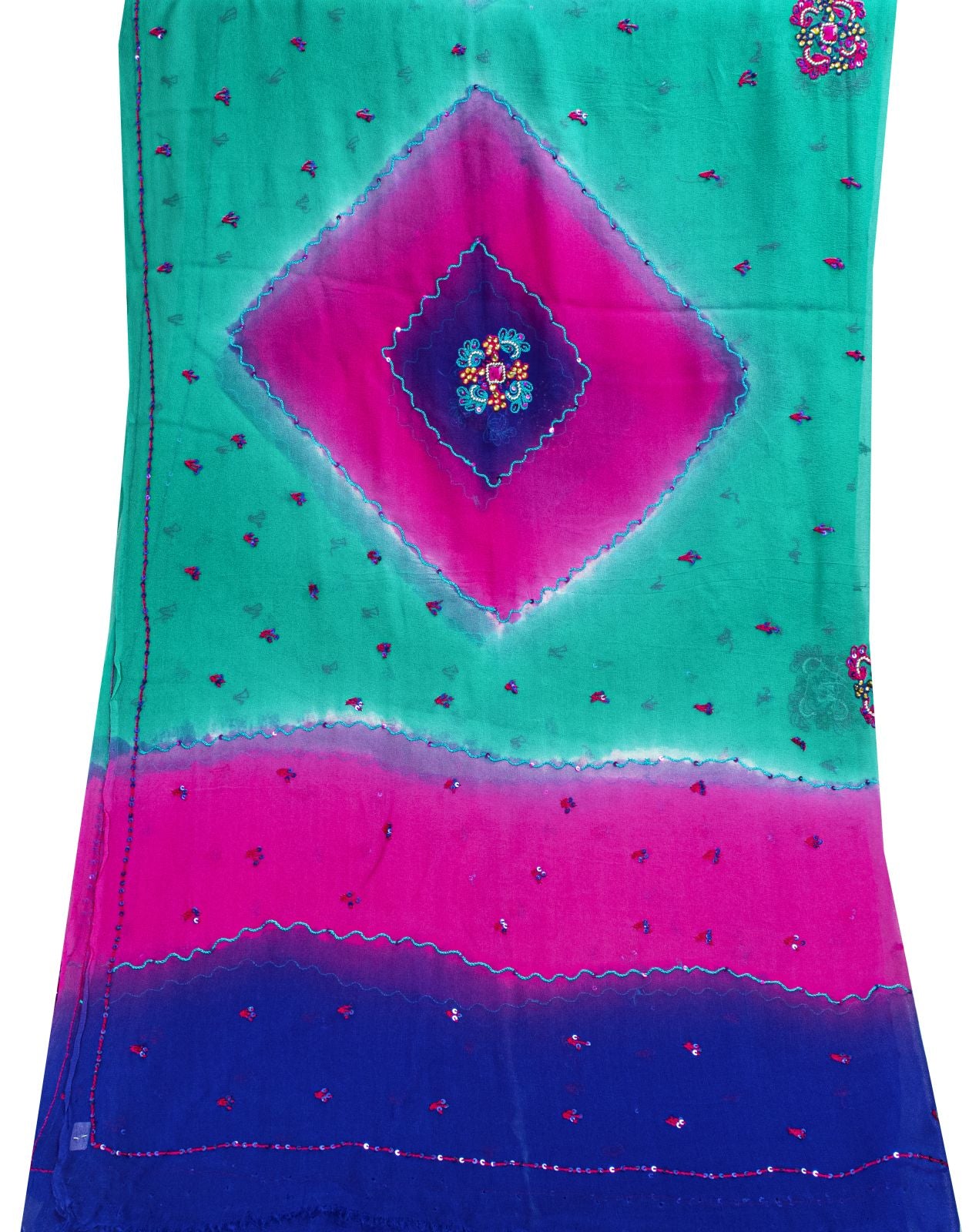 Sanskriti Vintage Dupatta Stole Green-Pink Pure Georgette Hand Embroidered Veil