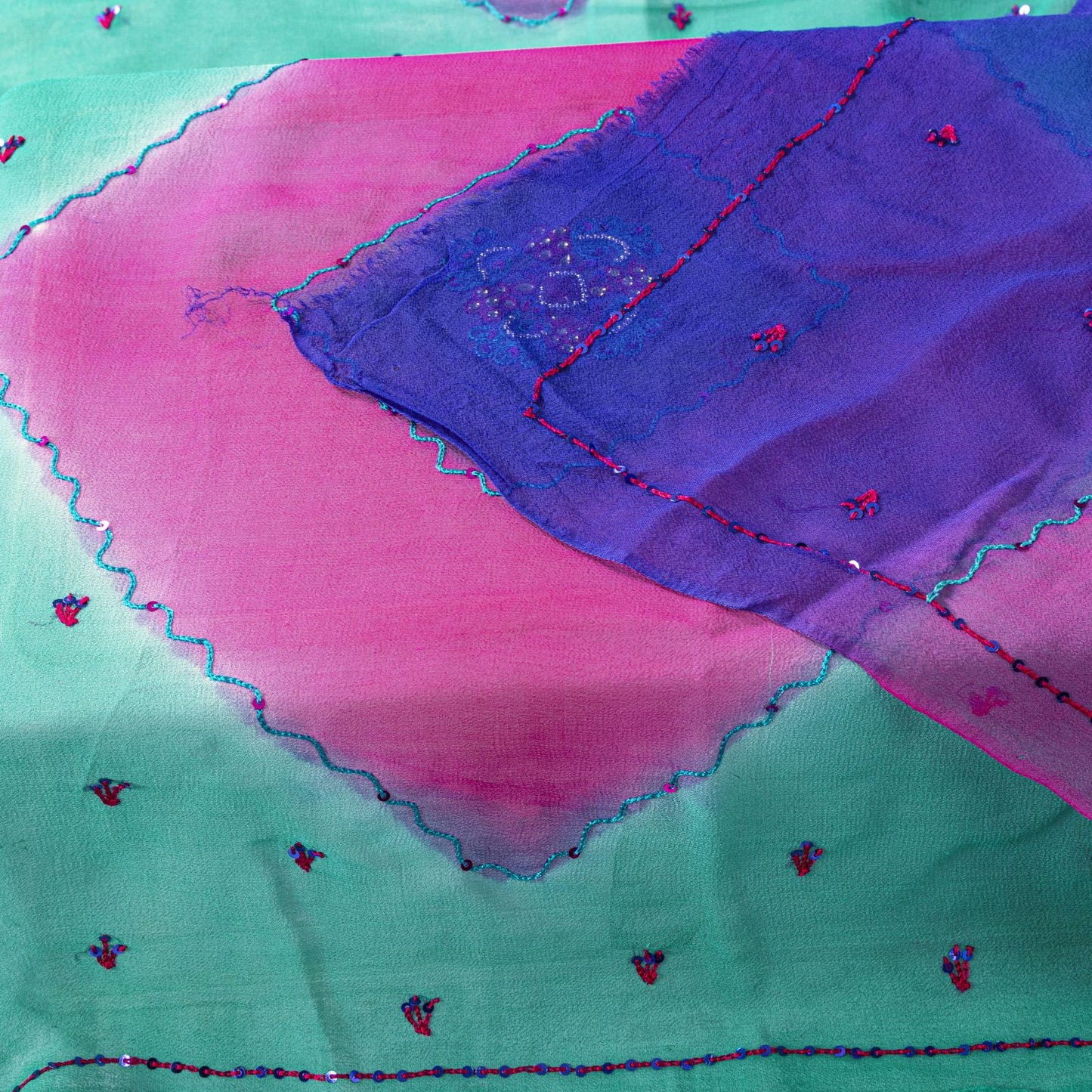 Sanskriti Vintage Dupatta Stole Green-Pink Pure Georgette Hand Embroidered Veil
