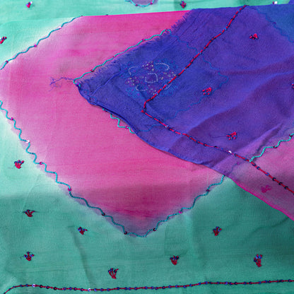Sanskriti Vintage Dupatta Stole Green-Pink Pure Georgette Hand Embroidered Veil