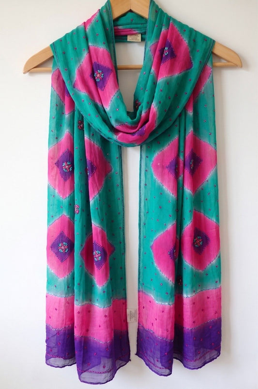 Sanskriti Vintage Dupatta Stole Green-Pink Pure Georgette Hand Embroidered Veil