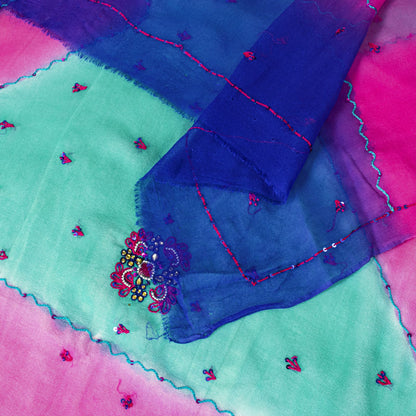 Sanskriti Vintage Dupatta Stole Green-Pink Pure Georgette Hand Embroidered Veil