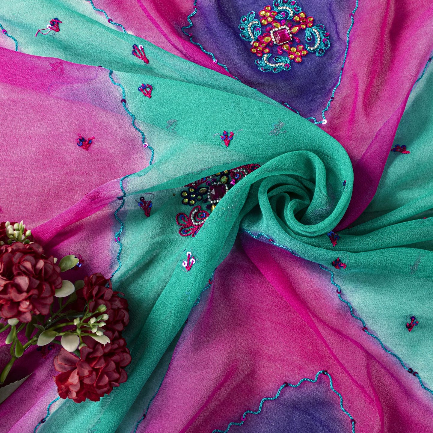Sanskriti Vintage Dupatta Stole Green-Pink Pure Georgette Hand Embroidered Veil