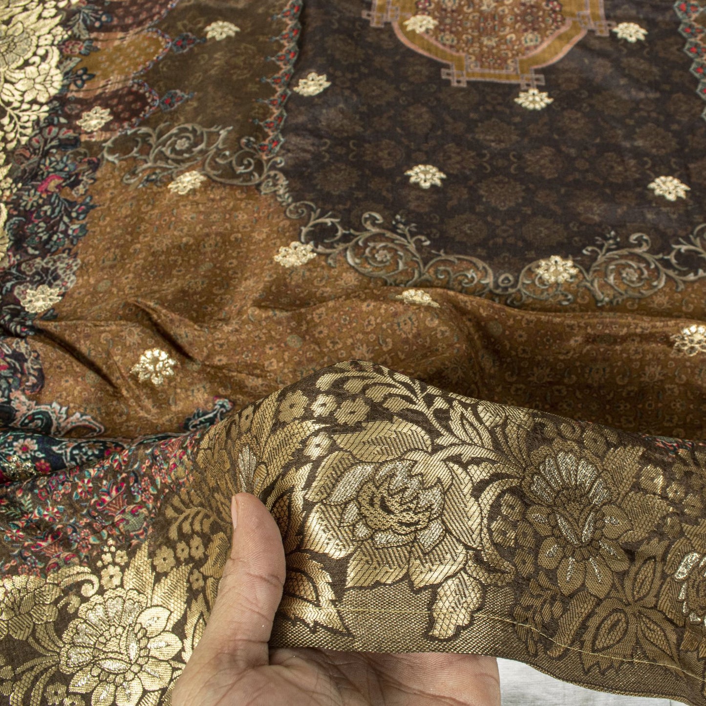 Sanskriti Vintage Brown Pure Silk Dupatta Stole Brocade Hand Woven-Printed Veil