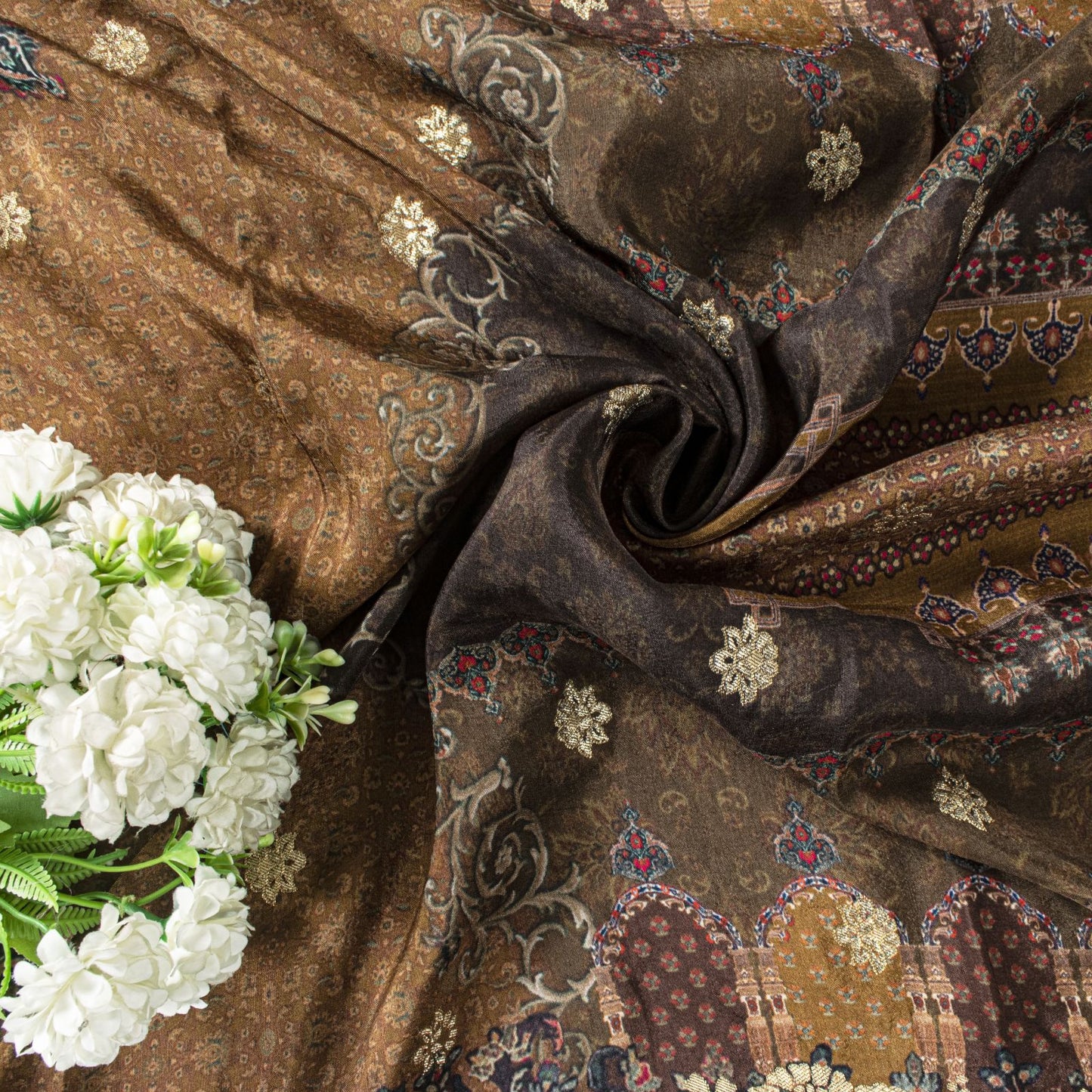 Sanskriti Vintage Brown Pure Silk Dupatta Stole Brocade Hand Woven-Printed Veil