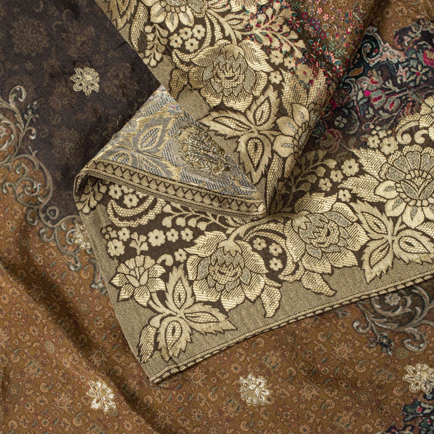 Sanskriti Vintage Brown Pure Silk Dupatta Stole Brocade Hand Woven-Printed Veil