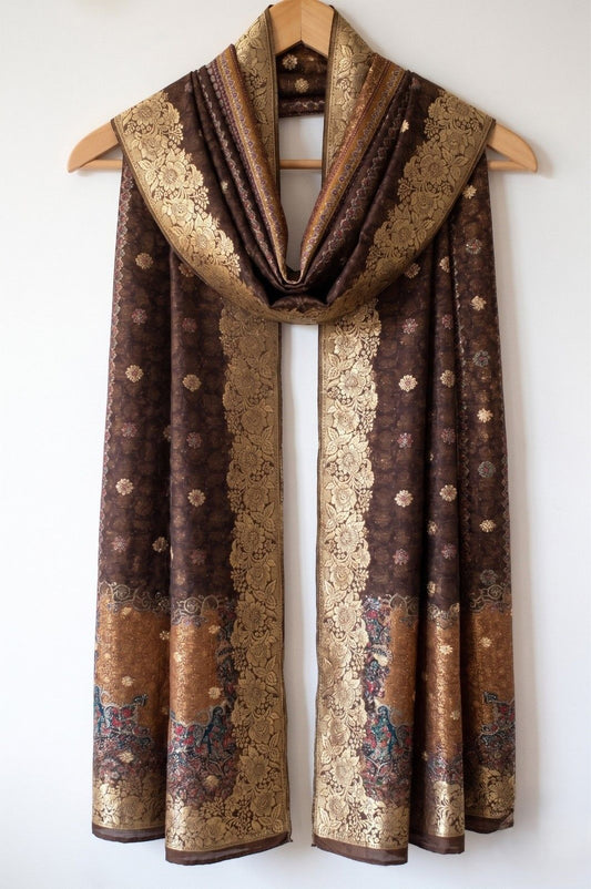 Sanskriti Vintage Brown Pure Silk Dupatta Stole Brocade Hand Woven-Printed Veil