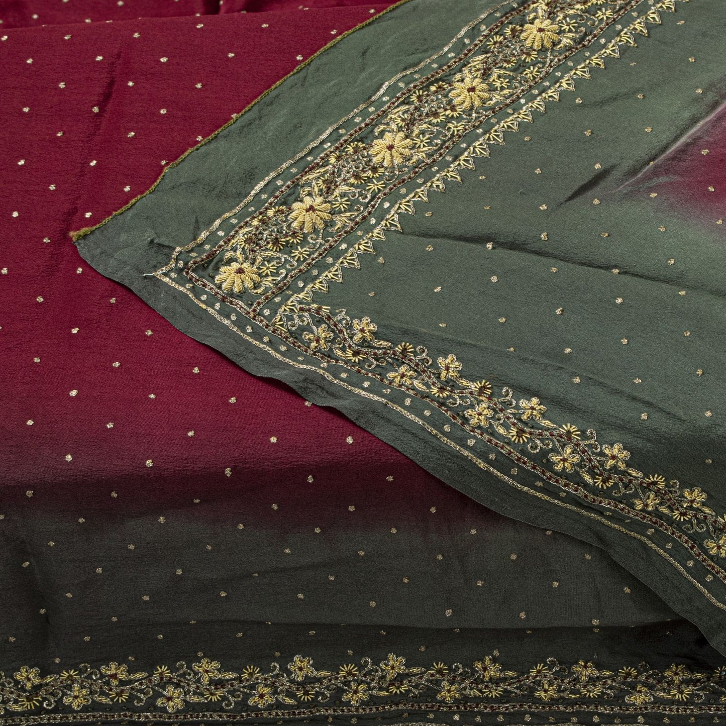 Sanskriti Vintage Dark Red Pure Crepe Silk Dupatta Stole Hand Embroidery Zardozi