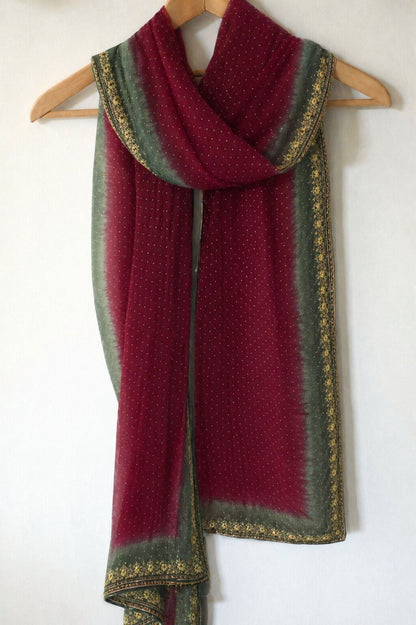 Sanskriti Vintage Dark Red Pure Crepe Silk Dupatta Stole Hand Embroidery Zardozi