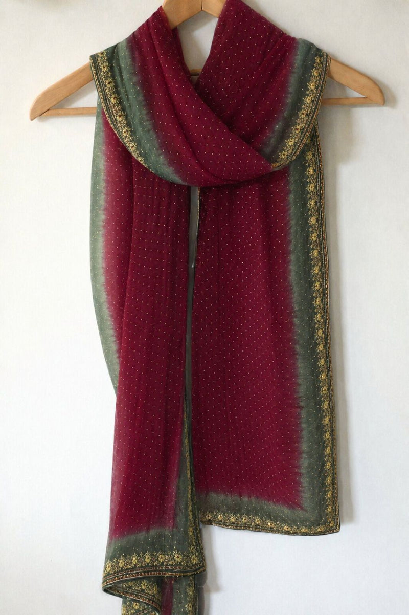 Sanskriti Vintage Dark Red Pure Crepe Silk Dupatta Stole Hand Embroidery Zardozi