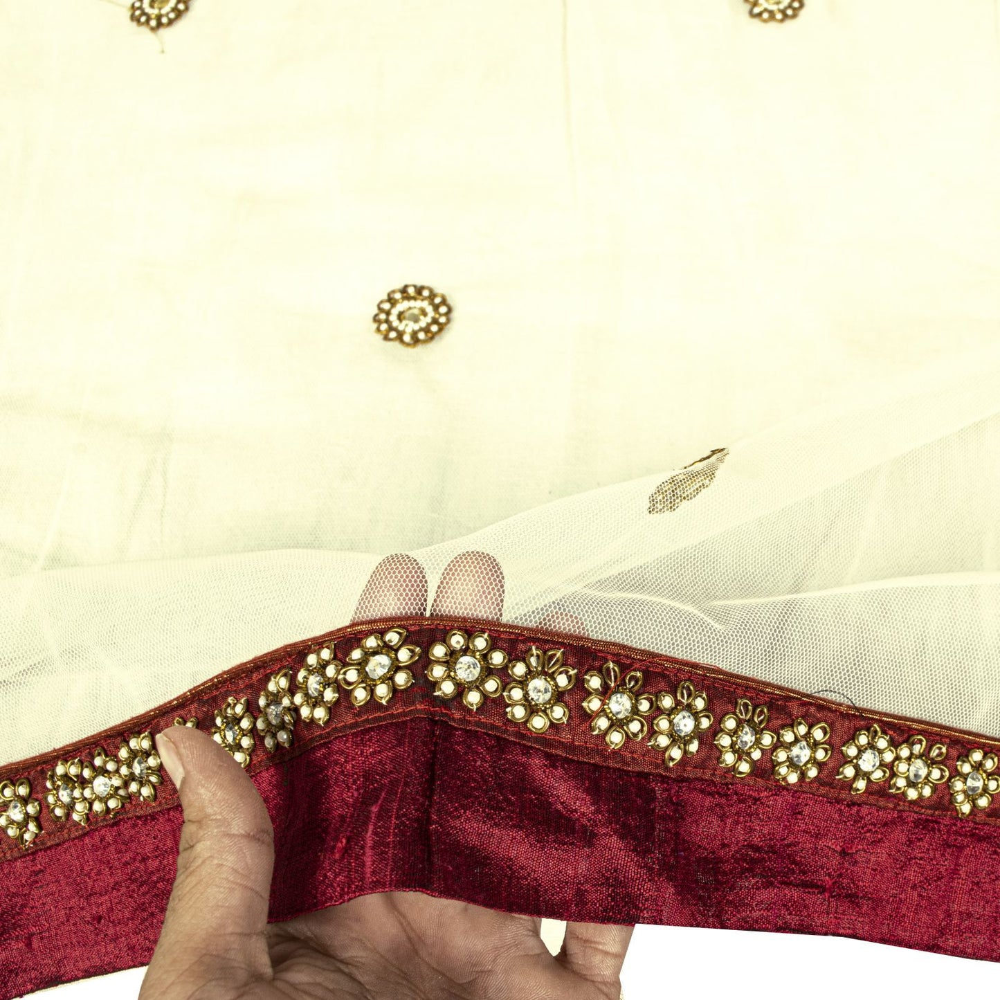 Sanskriti Vintage White Net Dupatta Stole Hand Embroidered Patch Dabka Zardozi