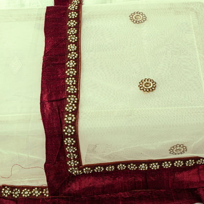 Sanskriti Vintage White Net Dupatta Stole Hand Embroidered Patch Dabka Zardozi