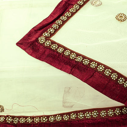 Sanskriti Vintage White Net Dupatta Stole Hand Embroidered Patch Dabka Zardozi