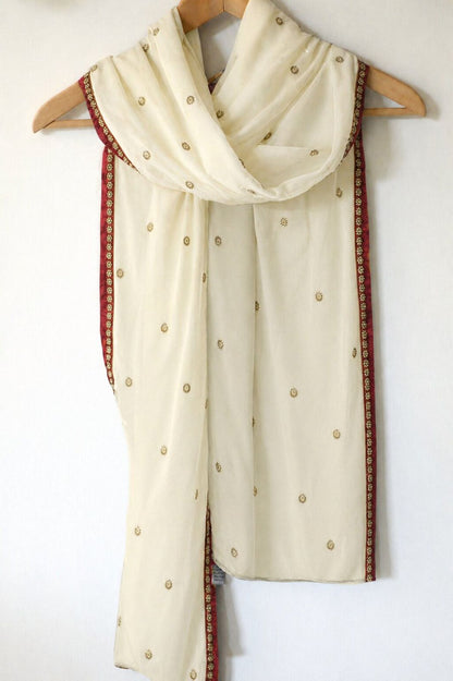 Sanskriti Vintage White Net Dupatta Stole Hand Embroidered Patch Dabka Zardozi