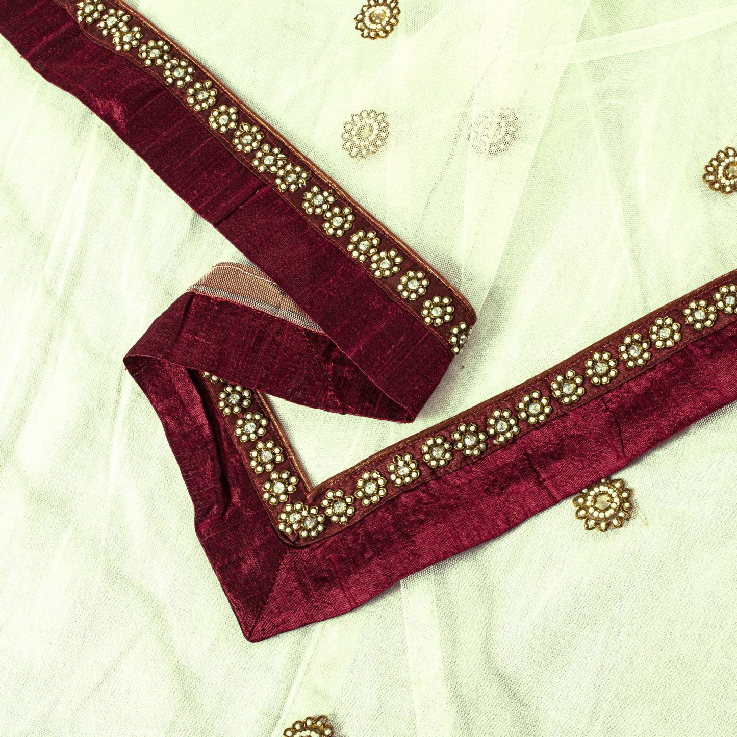 Sanskriti Vintage White Net Dupatta Stole Hand Embroidered Patch Dabka Zardozi