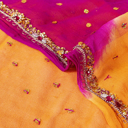 Sanskriti Vintage Orange-Pink Pure Georgette Silk Dupatta Stole Hand Beaded Veil