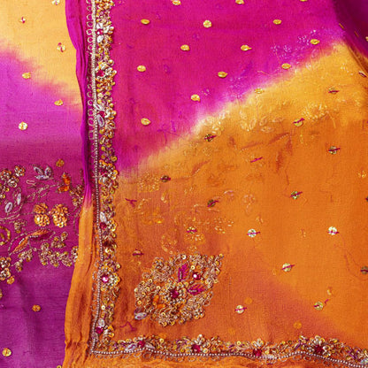 Sanskriti Vintage Orange-Pink Pure Georgette Silk Dupatta Stole Hand Beaded Veil