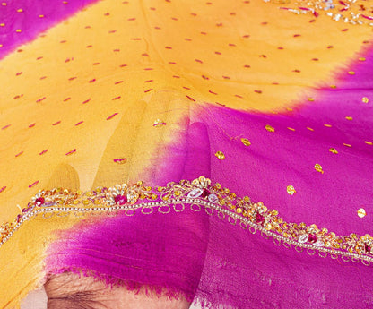 Sanskriti Vintage Orange-Pink Pure Georgette Silk Dupatta Stole Hand Beaded Veil