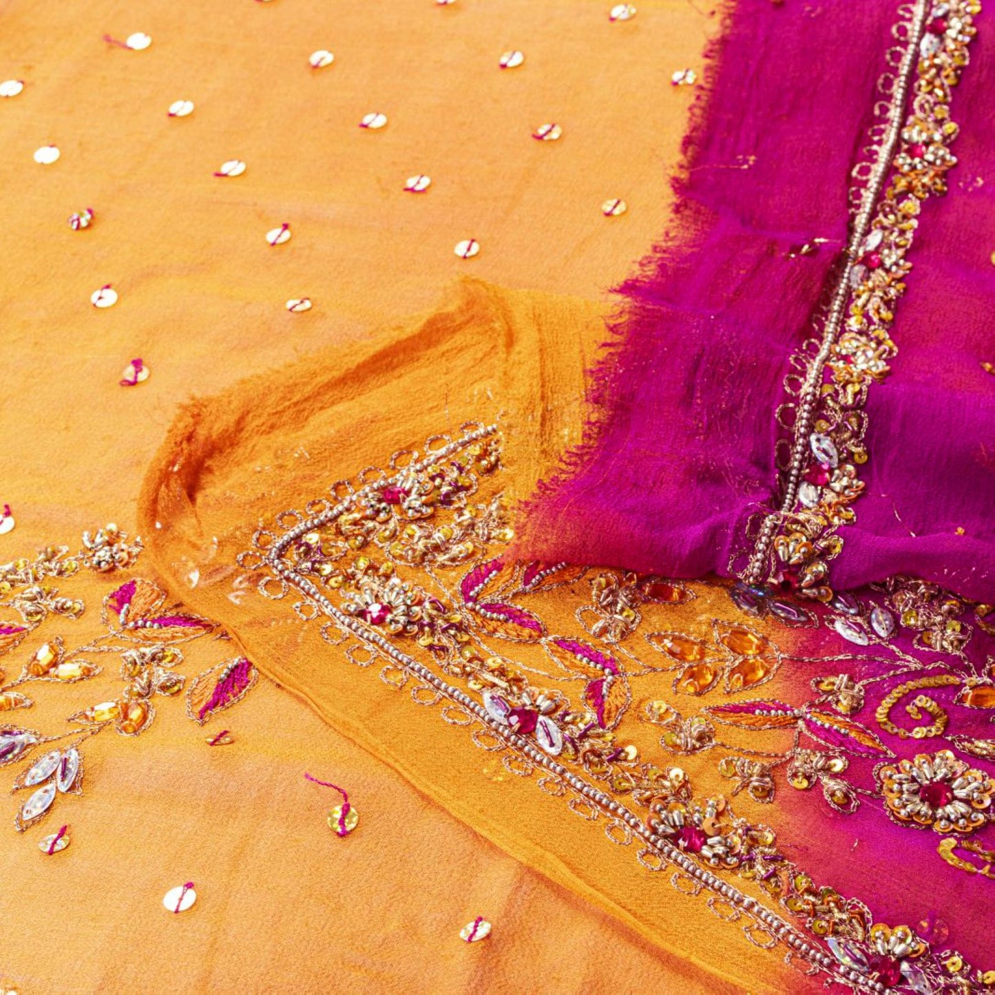 Sanskriti Vintage Orange-Pink Pure Georgette Silk Dupatta Stole Hand Beaded Veil