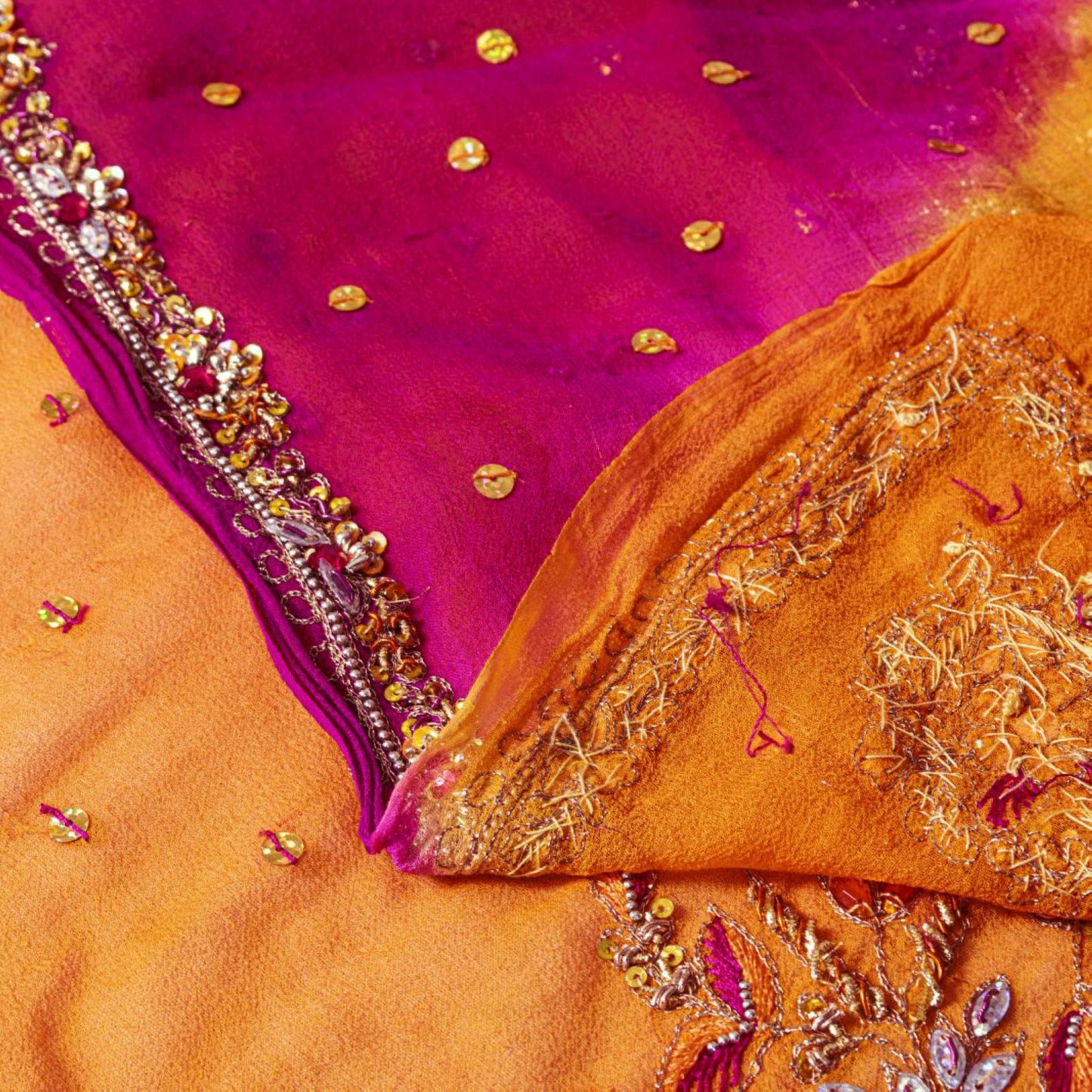 Sanskriti Vintage Orange-Pink Pure Georgette Silk Dupatta Stole Hand Beaded Veil