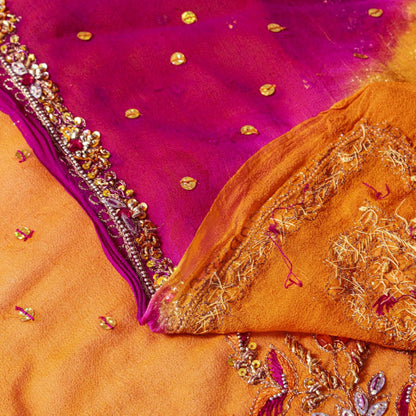 Sanskriti Vintage Orange-Pink Pure Georgette Silk Dupatta Stole Hand Beaded Veil
