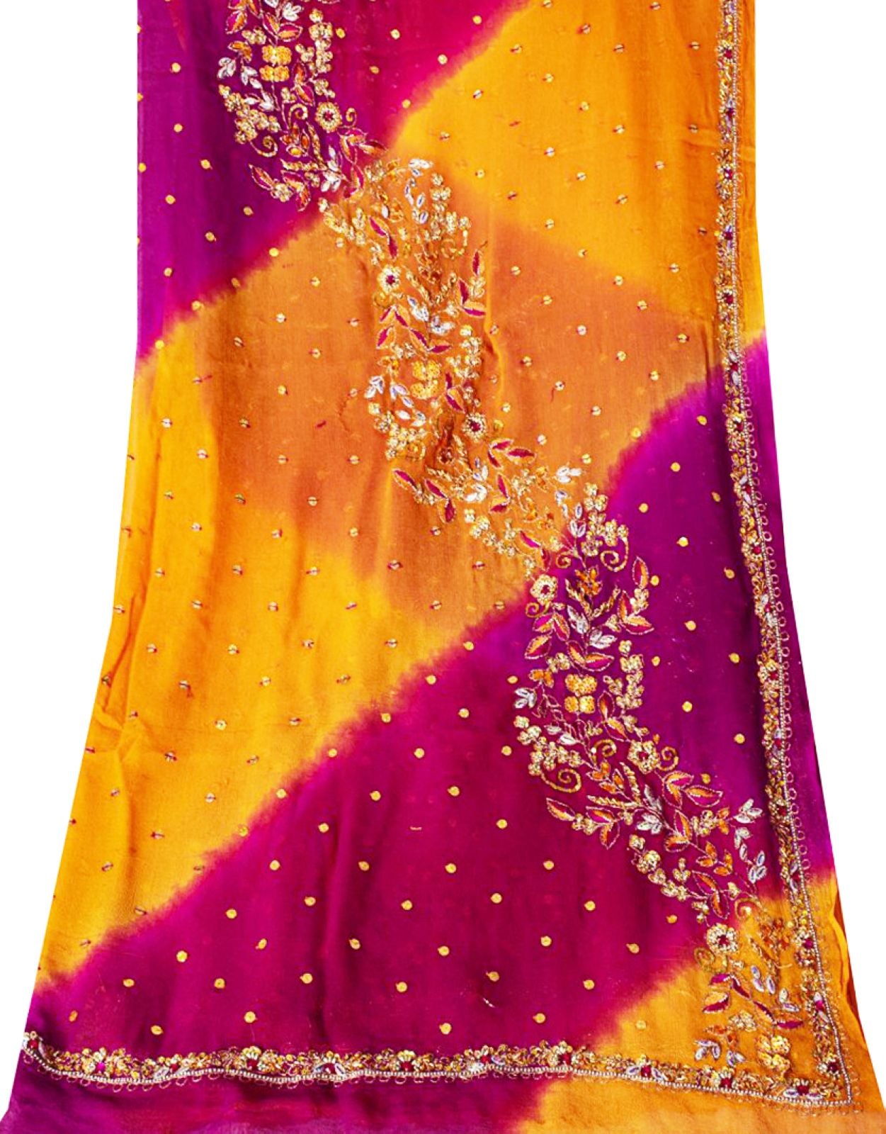 Sanskriti Vintage Orange-Pink Pure Georgette Silk Dupatta Stole Hand Beaded Veil