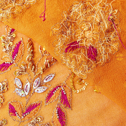 Sanskriti Vintage Orange-Pink Pure Georgette Silk Dupatta Stole Hand Beaded Veil