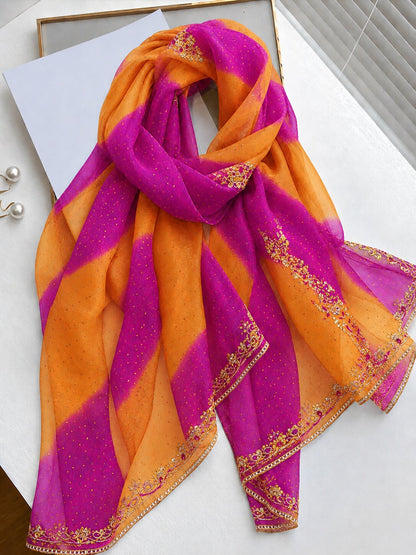 Sanskriti Vintage Orange-Pink Pure Georgette Silk Dupatta Stole Hand Beaded Veil