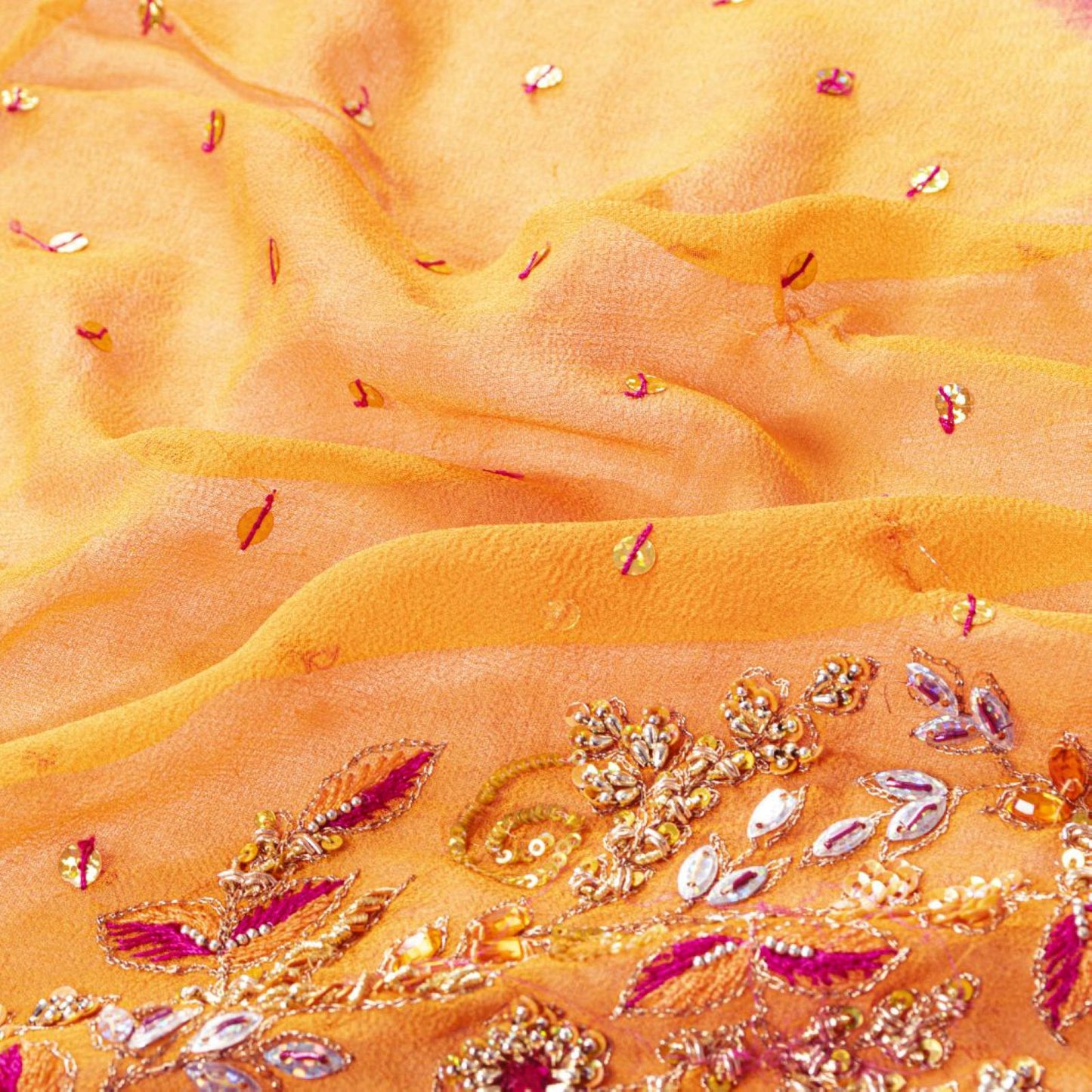 Sanskriti Vintage Orange-Pink Pure Georgette Silk Dupatta Stole Hand Beaded Veil